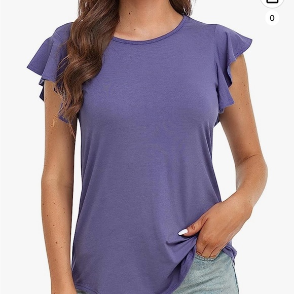 NWT- Women's Casual Round Neck Ruffle Sleeve Loose Tops in Purple Gray - Picture 7 of 10